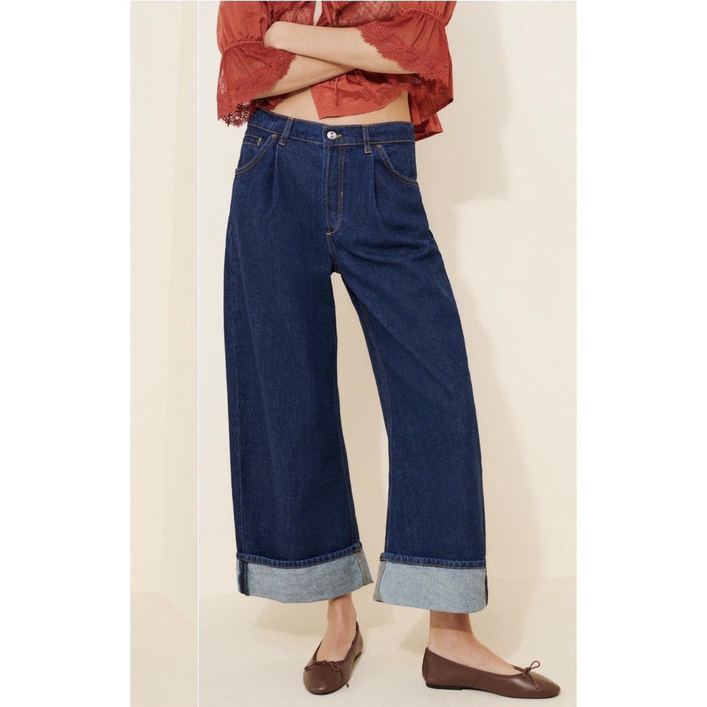 Free People Alia Wide leg Jeans We The Free Dark Blue Cuffed Denim Size 30 Boho